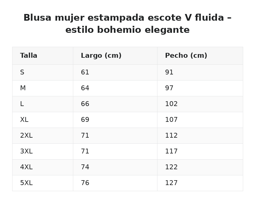 Blusa mujer estampada escote V fluida – estilo bohemio elegante — guía de tallas