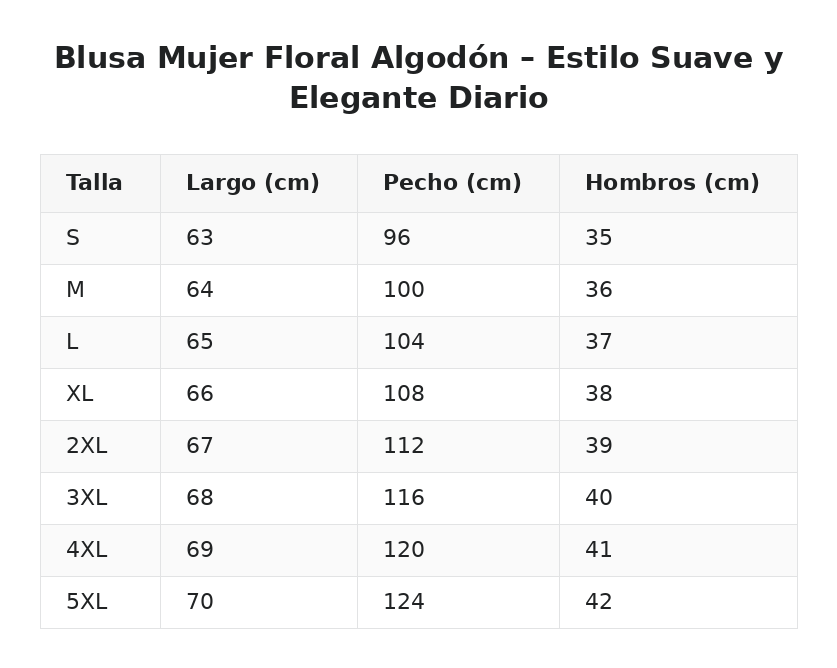 Blusa Mujer Floral Algodón – Estilo Suave y Elegante Diario — guía de tallas