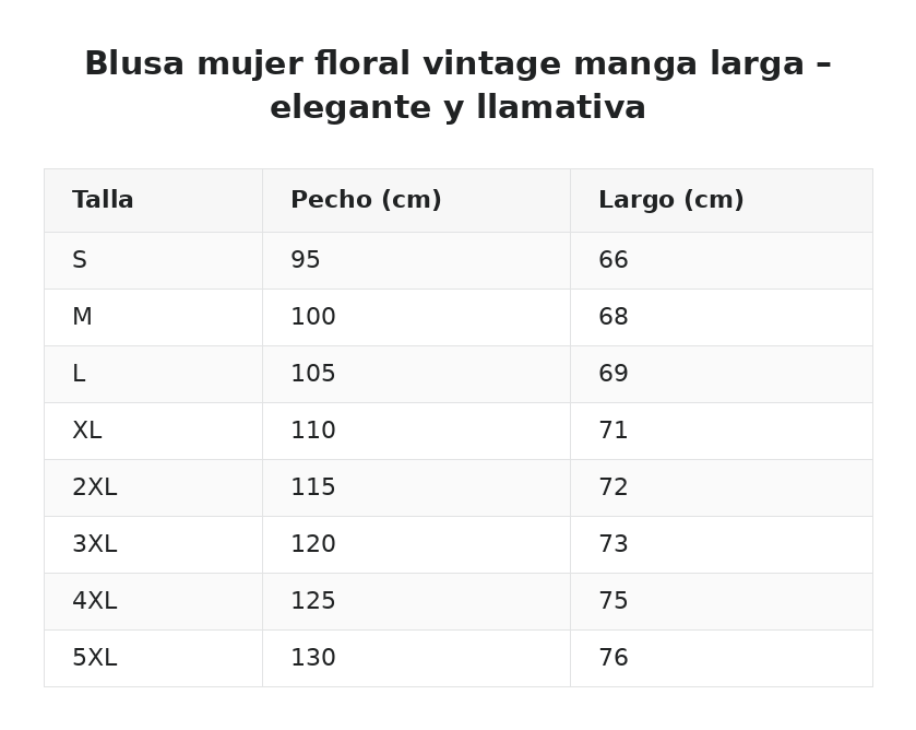 Blusa mujer floral vintage manga larga – elegante y llamativa — guía de tallas