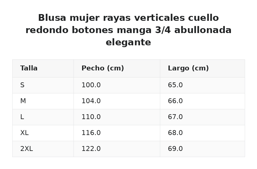 Blusa mujer rayas verticales cuello redondo botones manga 3/4 abullonada elegante — guía de tallas