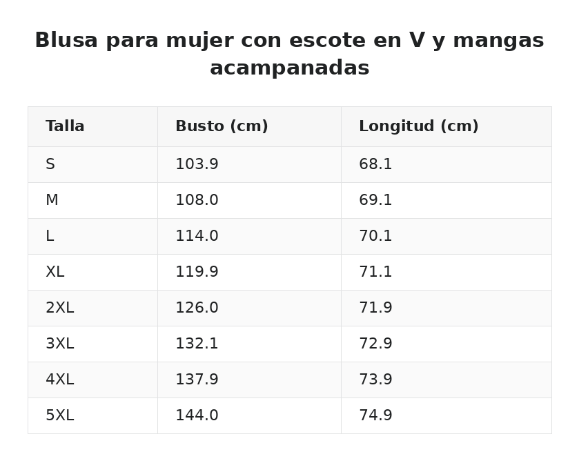 Blusa para mujer con escote en V y mangas acampanadas — guía de tallas