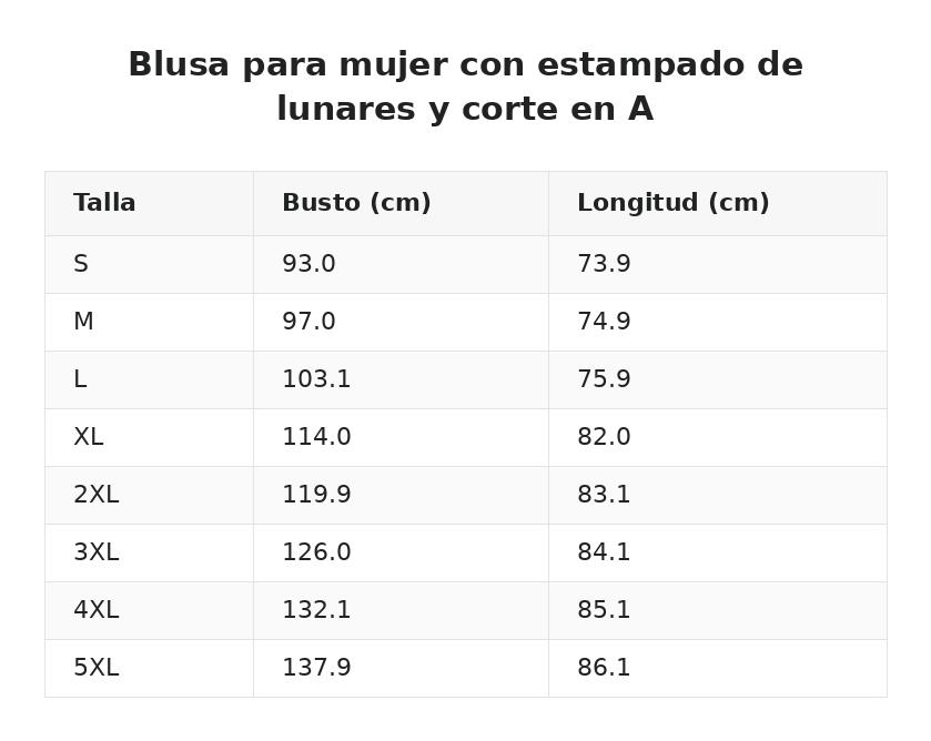 Blusa para mujer con estampado de lunares y corte en A — guía de tallas