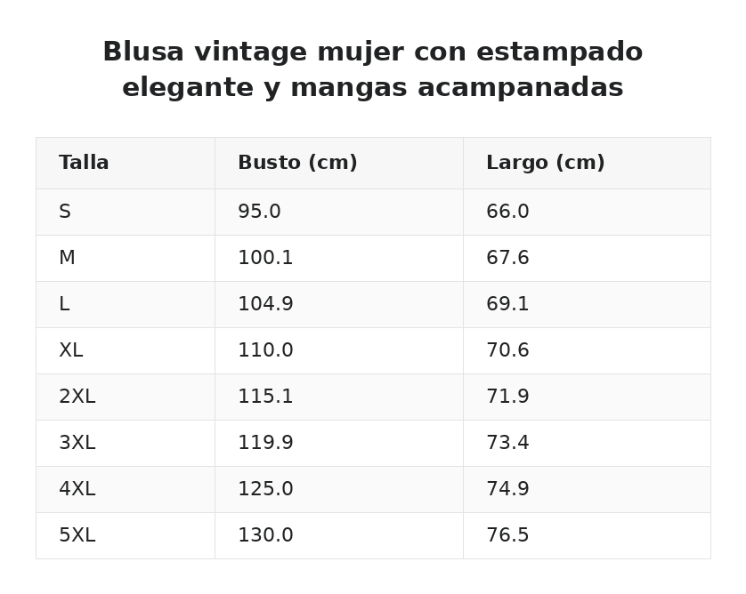 Blusa vintage mujer con estampado elegante y mangas acampanadas — guía de tallas