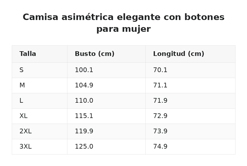 Camisa asimétrica elegante con botones para mujer — guía de tallas