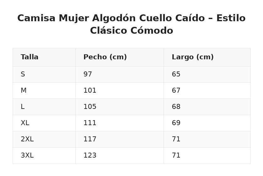 Camisa Mujer Algodón Cuello Caído – Estilo Clásico Cómodo — guía de tallas