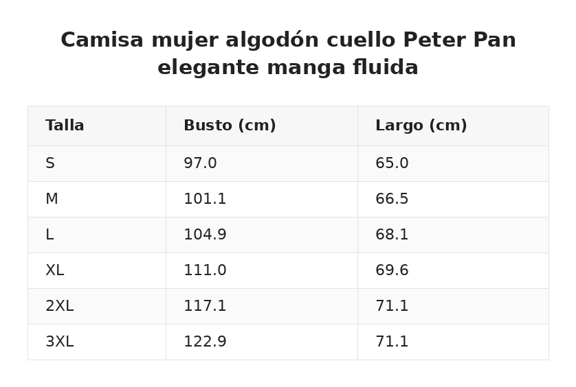 Camisa mujer algodón cuello Peter Pan elegante manga fluida — guía de tallas