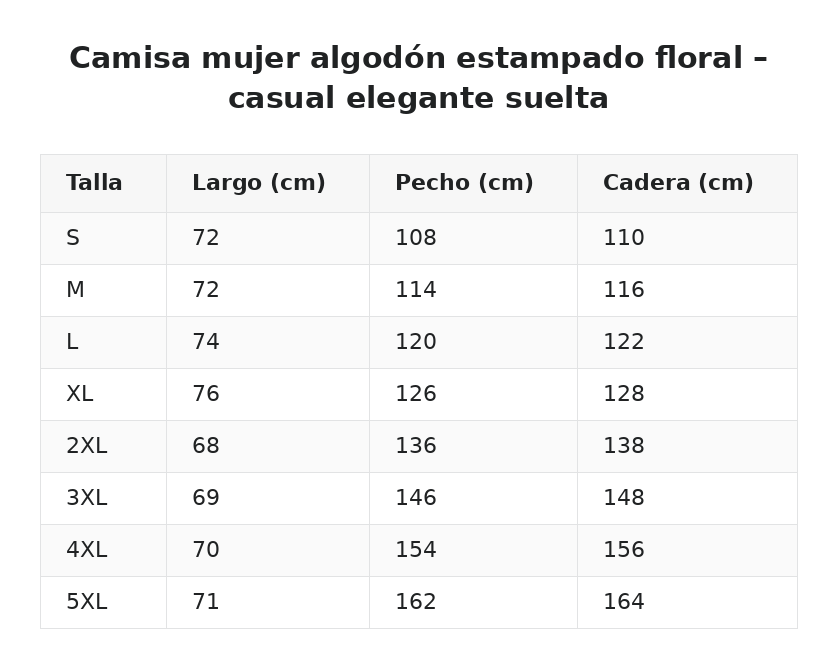 Camisa mujer algodón estampado floral – casual elegante suelta — guía de tallas