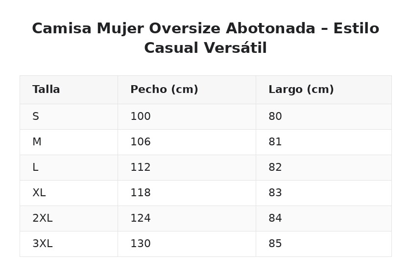 Camisa Mujer Oversize Abotonada – Estilo Casual Versátil — guía de tallas