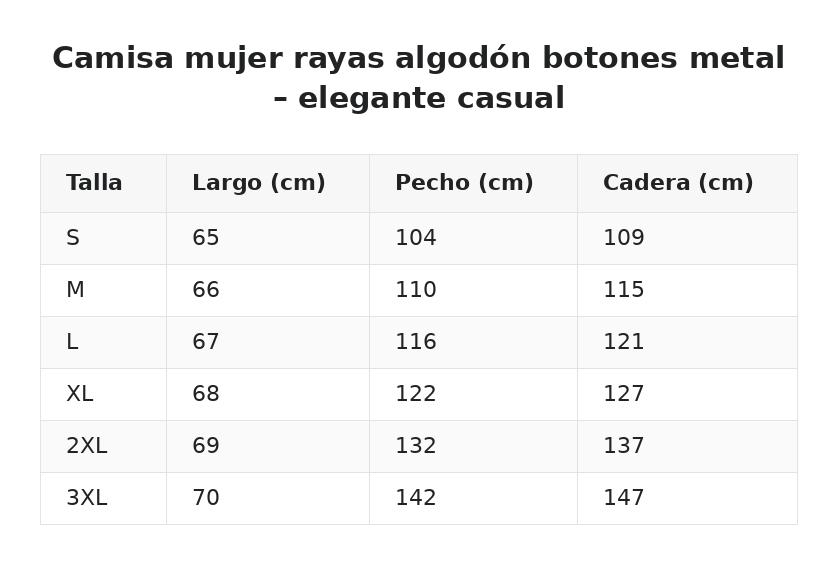 Camisa mujer rayas algodón botones metal – elegante casual — guía de tallas