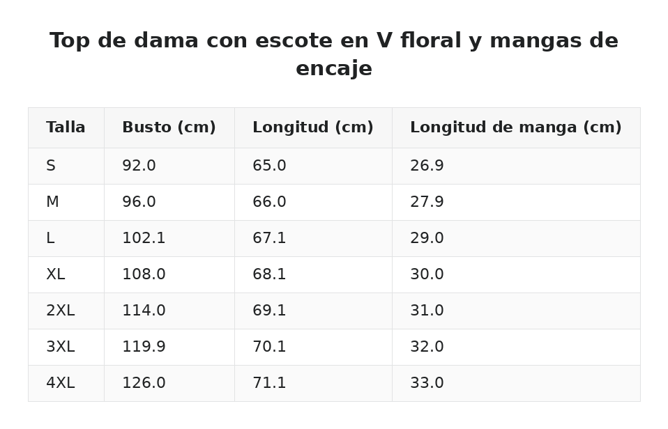 Top de dama con escote en V floral y mangas de encaje — guía de tallas