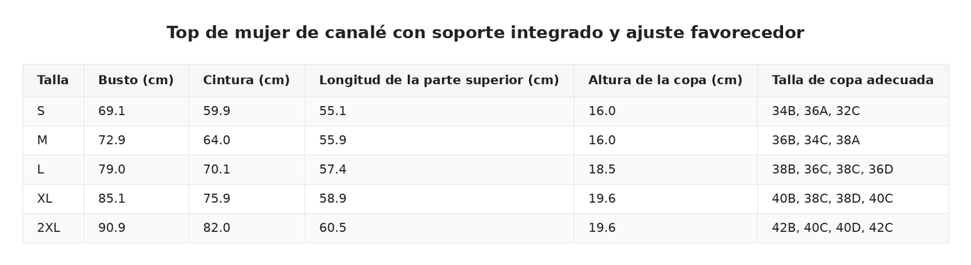 Top de mujer de canalé con soporte integrado y ajuste favorecedor — guía de tallas