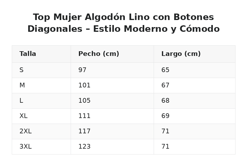 Top Mujer Algodón Lino con Botones Diagonales – Estilo Moderno y Cómodo — guía de tallas