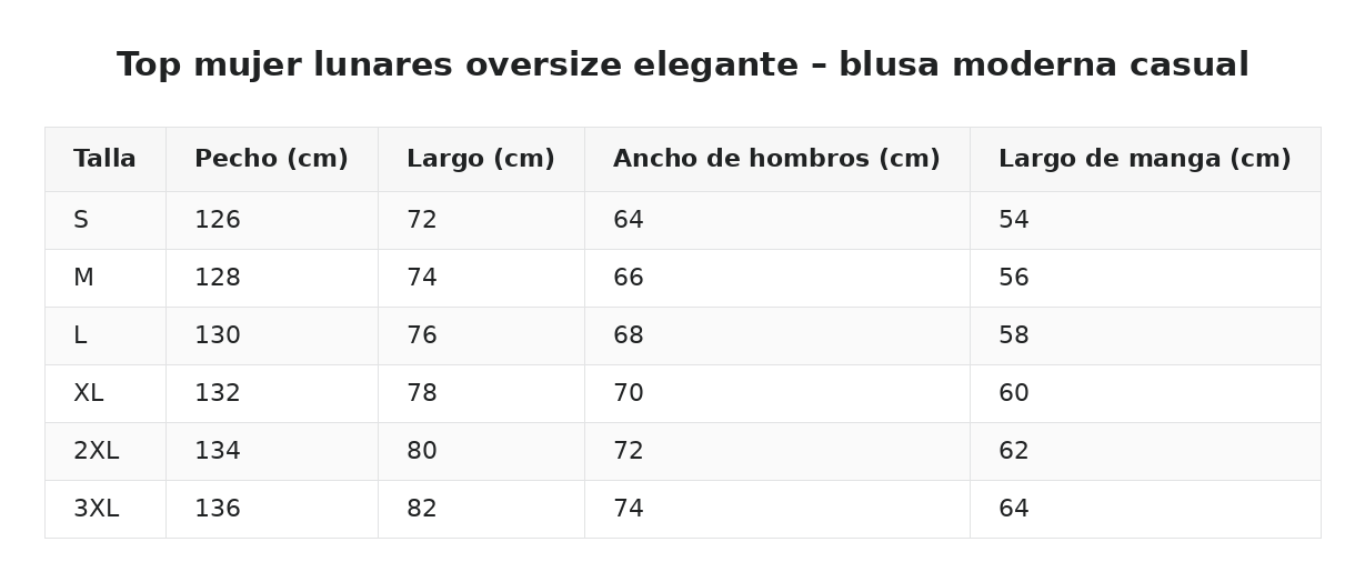 Top mujer lunares oversize elegante – blusa moderna casual — guía de tallas