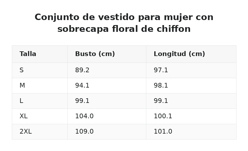 Conjunto de vestido para mujer con sobrecapa floral de chiffon — guía de tallas