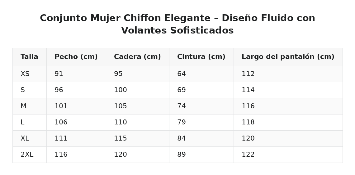 Conjunto Mujer Chiffon Elegante – Diseño Fluido con Volantes Sofisticados — guía de tallas
