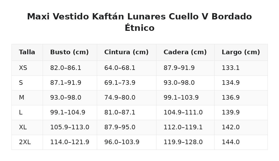 Maxi Vestido Kaftán Lunares Cuello V Bordado Étnico — guía de tallas