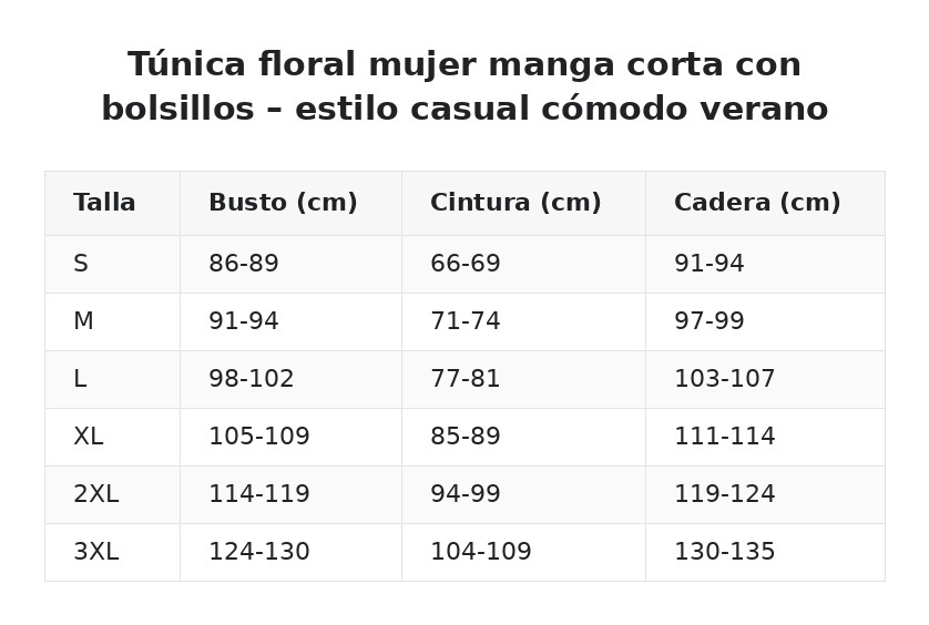 Túnica floral mujer manga corta con bolsillos – estilo casual cómodo verano — guía de tallas
