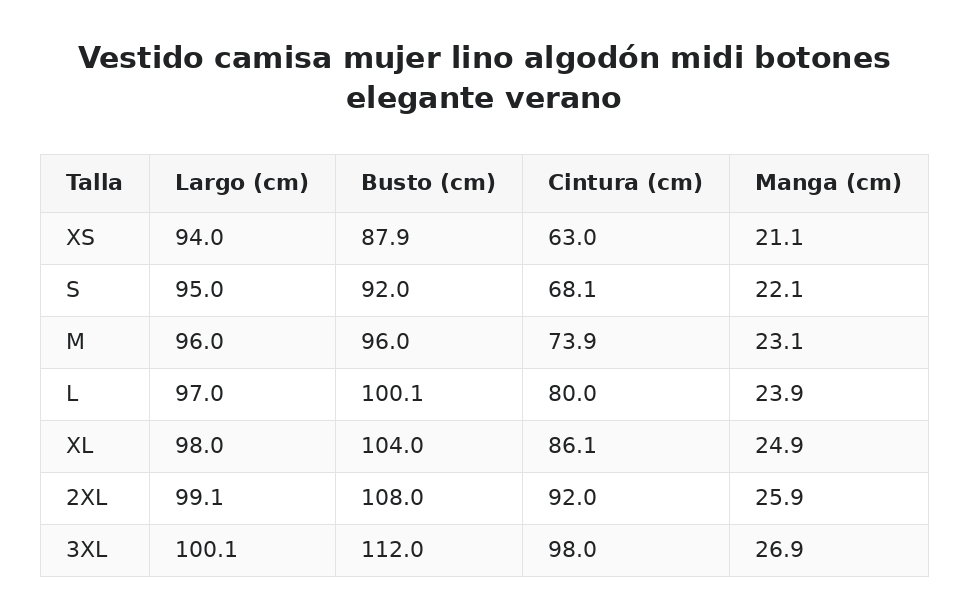 Vestido camisa mujer lino algodón midi botones elegante verano — guía de tallas