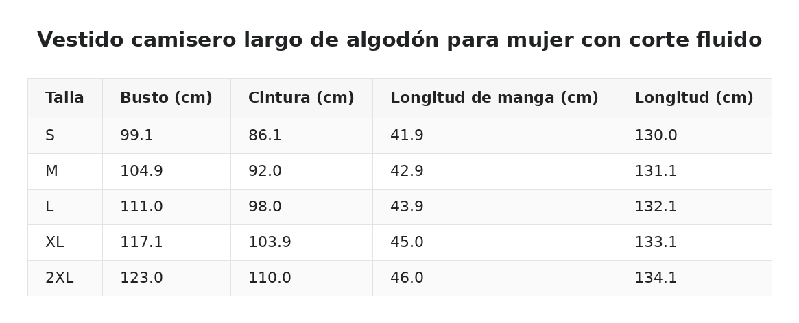 Vestido camisero largo de algodón para mujer con corte fluido — guía de tallas