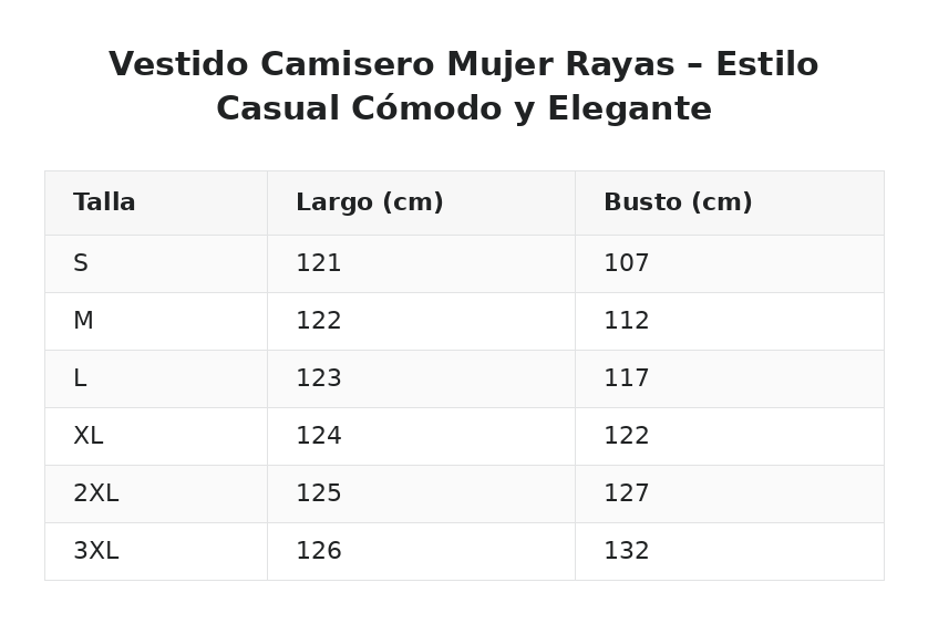 Vestido Camisero Mujer Rayas – Estilo Casual Cómodo y Elegante — guía de tallas