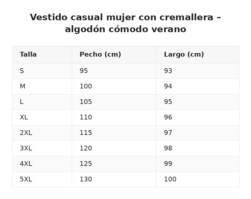Vestido casual mujer con cremallera – algodón cómodo verano — guía de tallas