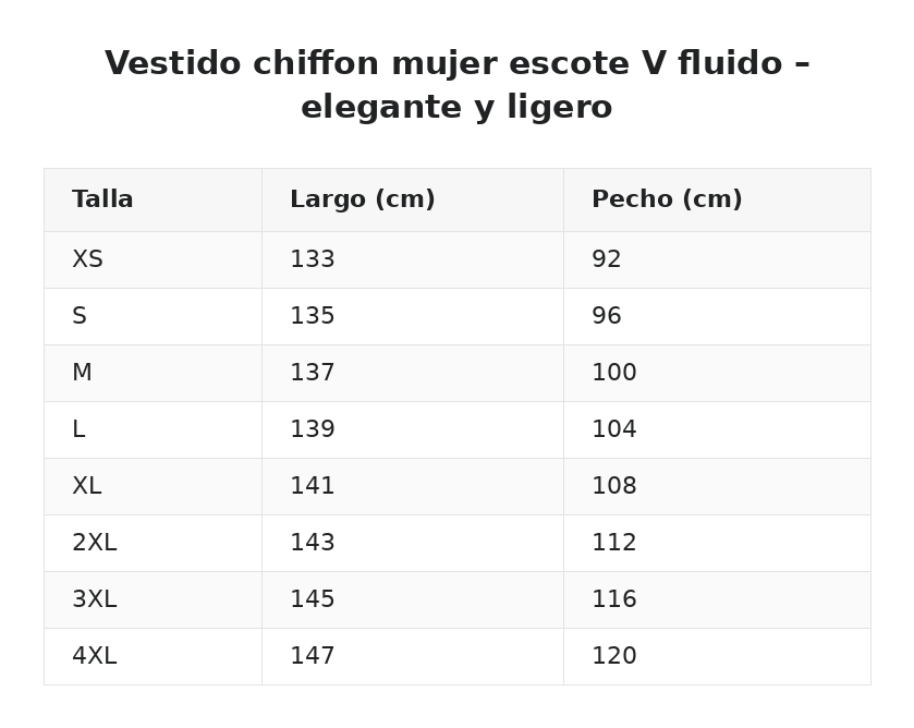 Vestido chiffon mujer escote V fluido – elegante y ligero — guía de tallas