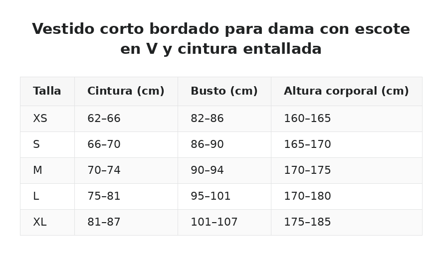 Vestido corto bordado para dama con escote en V y cintura entallada — guía de tallas
