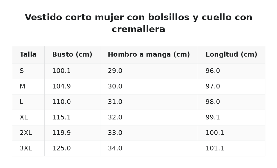 Vestido corto mujer con bolsillos y cuello con cremallera — guía de tallas