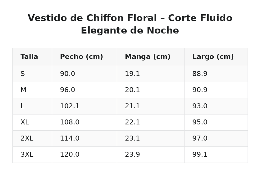 Vestido de Chiffon Floral – Corte Fluido Elegante de Noche — guía de tallas