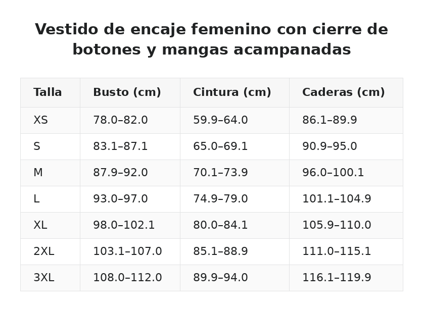 Vestido de encaje femenino con cierre de botones y mangas acampanadas — guía de tallas
