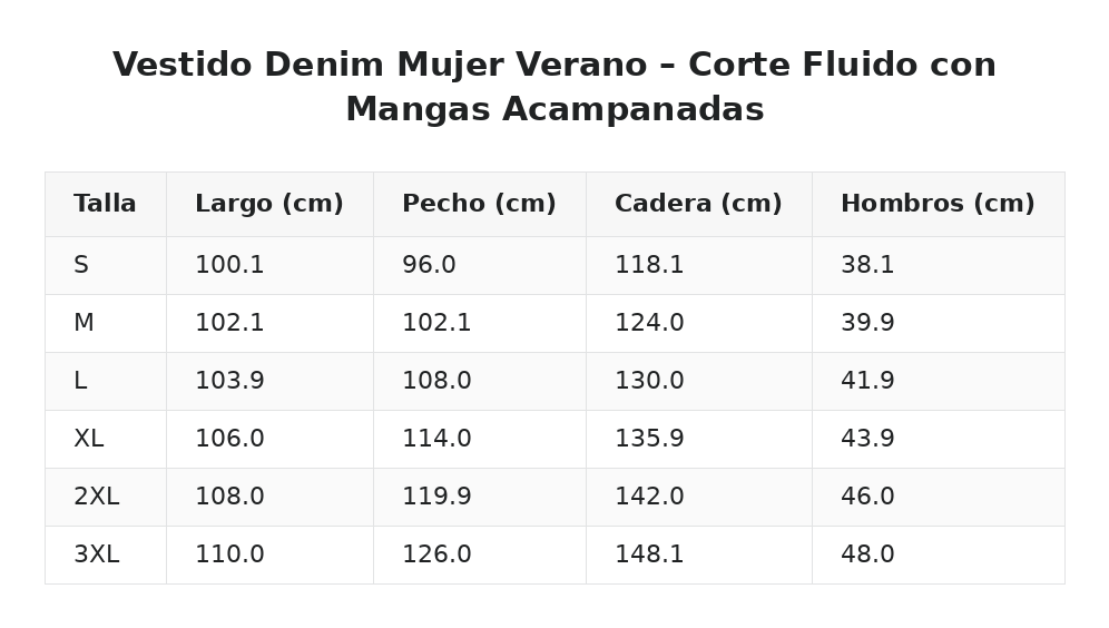 Vestido Denim Mujer Verano – Corte Fluido con Mangas Acampanadas — guía de tallas
