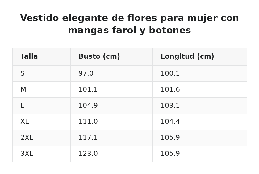 Vestido elegante de flores para mujer con mangas farol y botones — guía de tallas