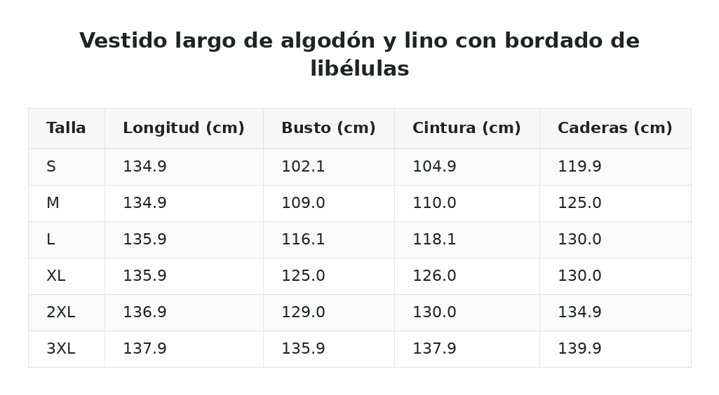 Vestido largo de algodón y lino con bordado de libélulas — guía de tallas