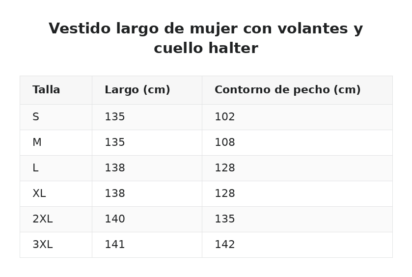 Vestido largo de mujer con volantes y cuello halter — guía de tallas