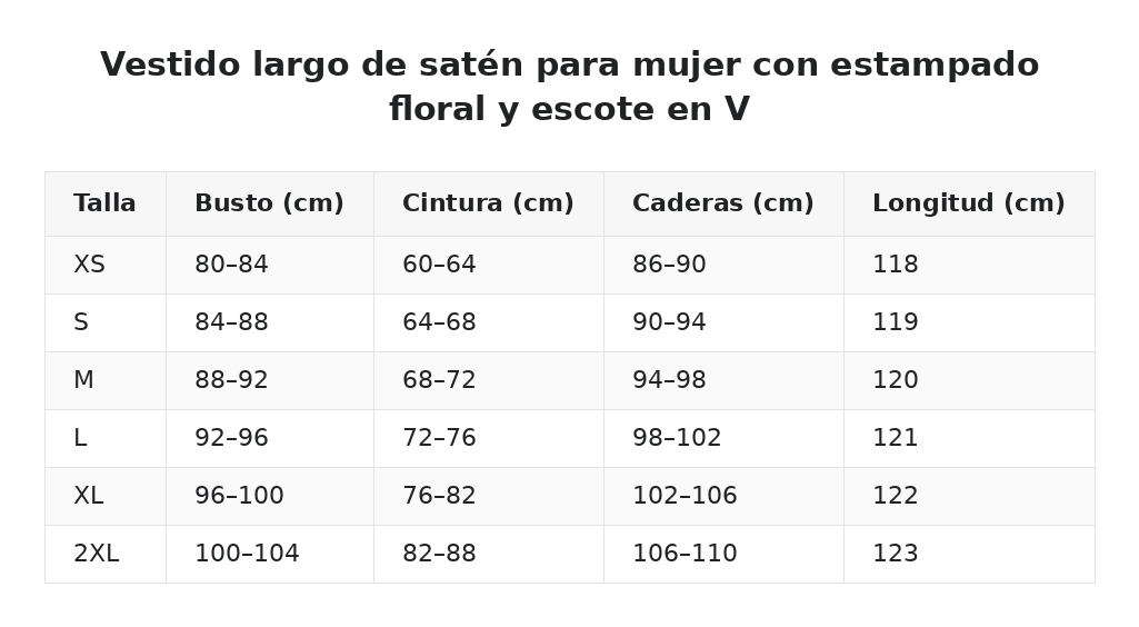 Vestido largo de satén para mujer con estampado floral y escote en V — guía de tallas