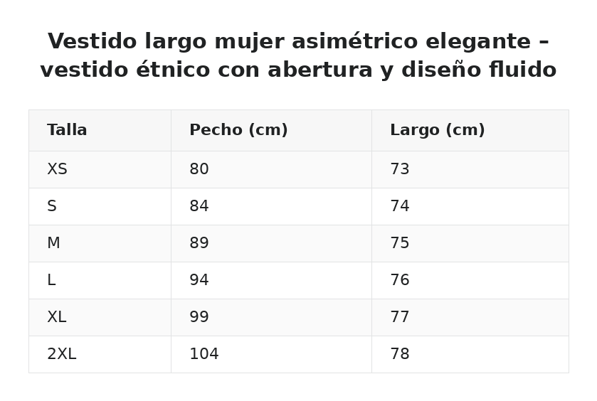 Vestido largo mujer asimétrico elegante – vestido étnico con abertura y diseño fluido — guía de tallas