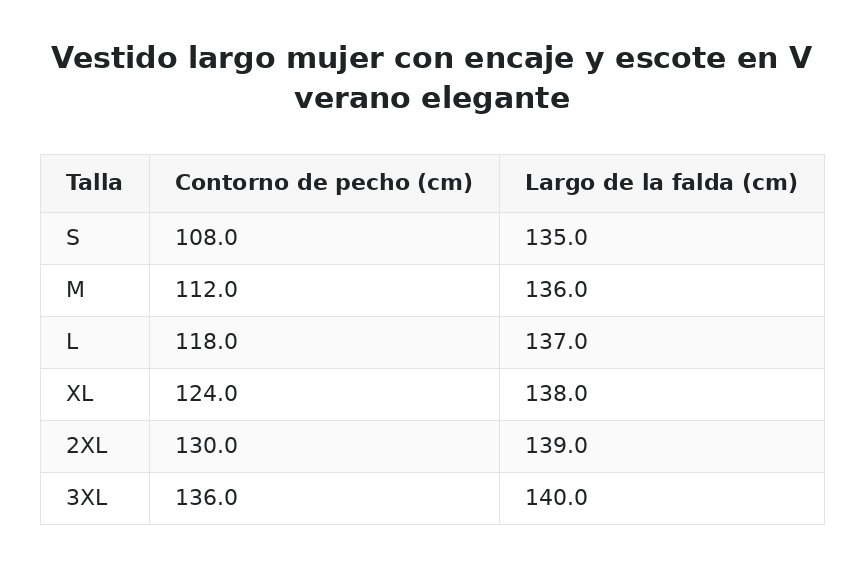 Vestido largo mujer con encaje y escote en V verano elegante — guía de tallas