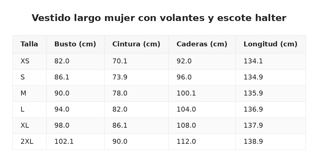 Vestido largo mujer con volantes y escote halter — guía de tallas