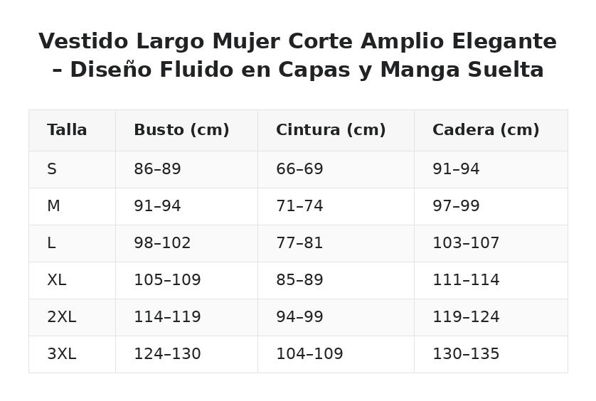 Vestido Largo Mujer Corte Amplio Elegante – Diseño Fluido en Capas y Manga Suelta — guía de tallas