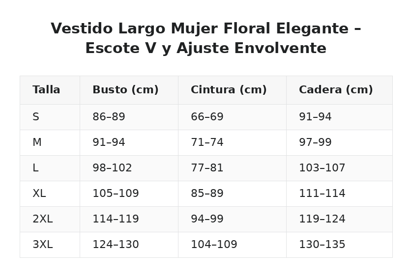 Vestido Largo Mujer Floral Elegante – Escote V y Ajuste Envolvente — guía de tallas