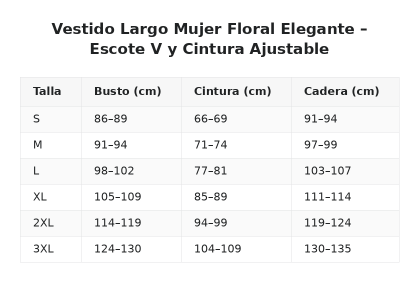 Vestido Largo Mujer Floral Elegante – Escote V y Cintura Ajustable — guía de tallas