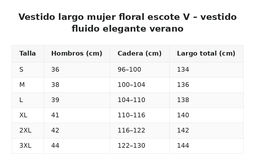 Vestido largo mujer floral escote V – vestido fluido elegante verano — guía de tallas