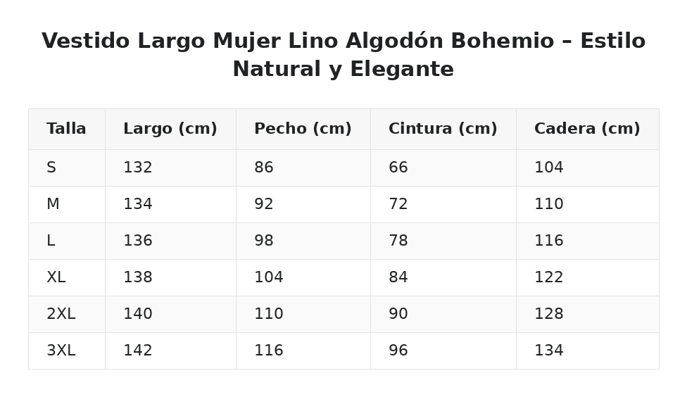 Vestido Largo Mujer Lino Algodón Bohemio – Estilo Natural y Elegante — guía de tallas