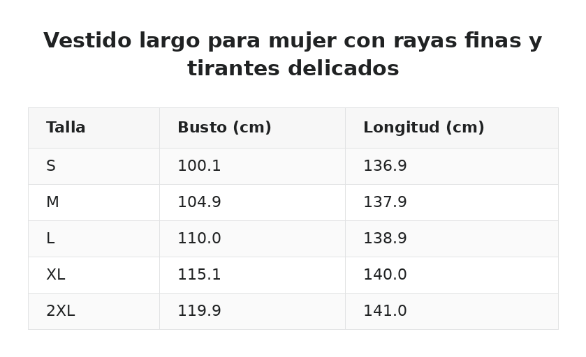 Vestido largo para mujer con rayas finas y tirantes delicados — guía de tallas