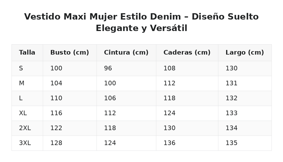 Vestido Maxi Mujer Estilo Denim – Diseño Suelto Elegante y Versátil — guía de tallas