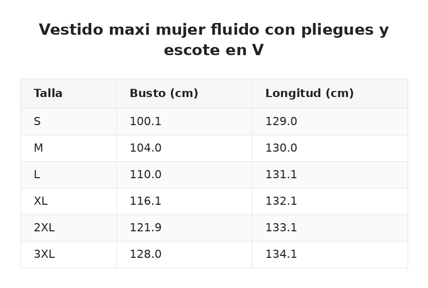 Vestido maxi mujer fluido con pliegues y escote en V — guía de tallas