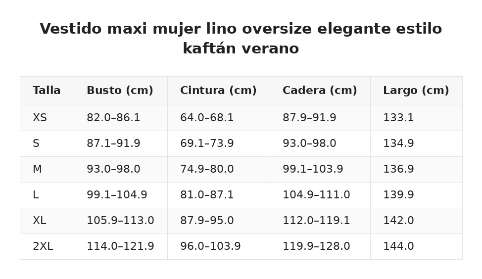 Vestido maxi mujer lino oversize elegante estilo kaftán verano — guía de tallas
