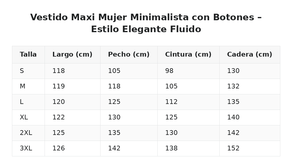 Vestido Maxi Mujer Minimalista con Botones – Estilo Elegante Fluido — guía de tallas