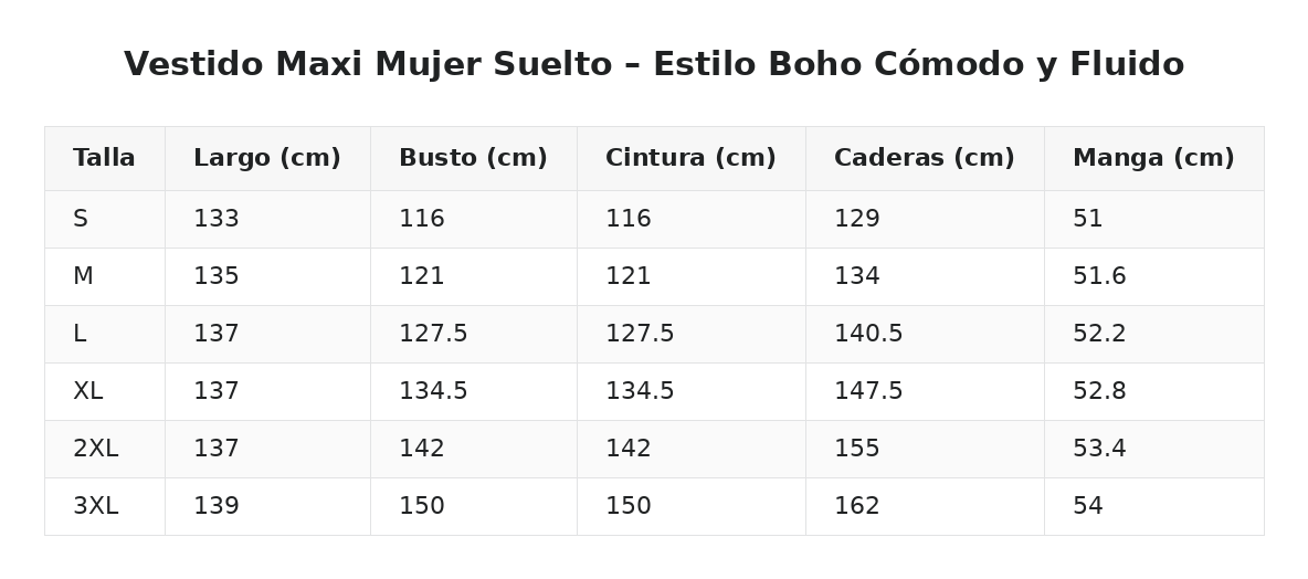 Vestido Maxi Mujer Suelto – Estilo Boho Cómodo y Fluido — guía de tallas