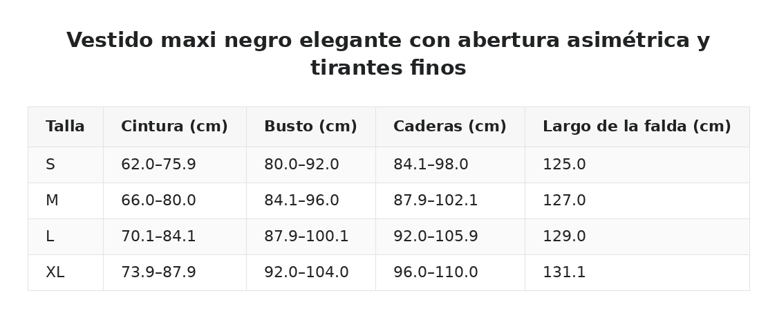 Vestido maxi negro elegante con abertura asimétrica y tirantes finos — guía de tallas